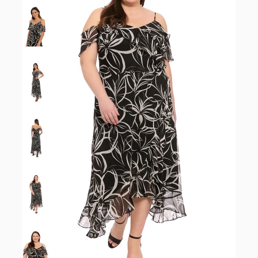 Maggy London ruffle cold-shoulder maxi dress, black & white, size 16W NWT